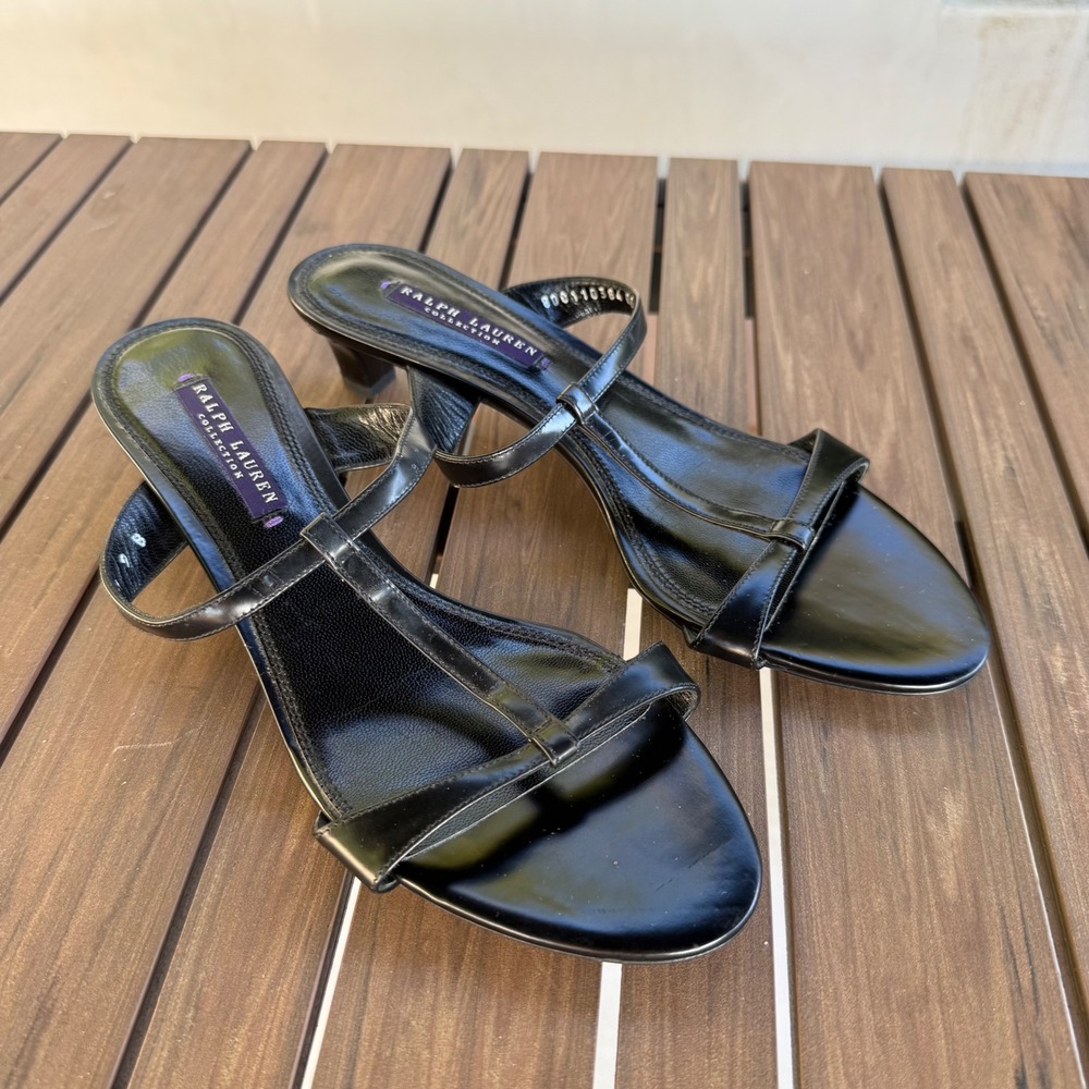 Ralph Lauren Collection Black Leather Kitten Heel Sandals Made in Italy 9B 39
